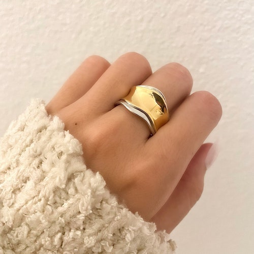 Two Tone 925 Sterling Silver Chunky Ring Adjustable Bold  display picture 1