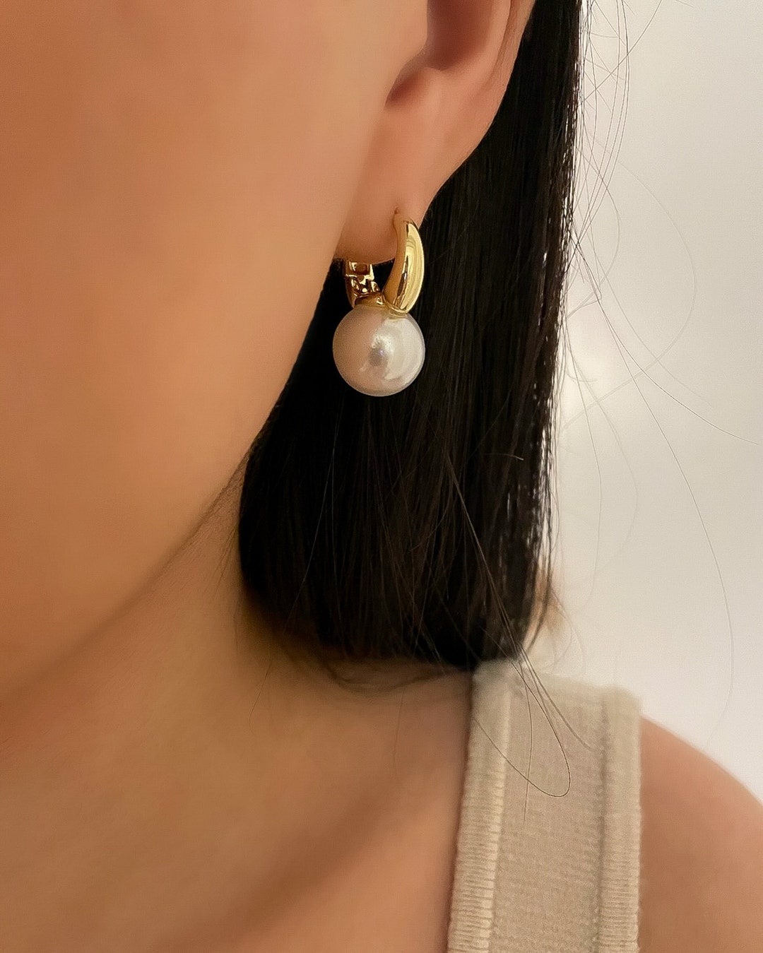 Gold Statement Pearl Earrings, Gold Pearl Huggies, Large Pearl Dangle