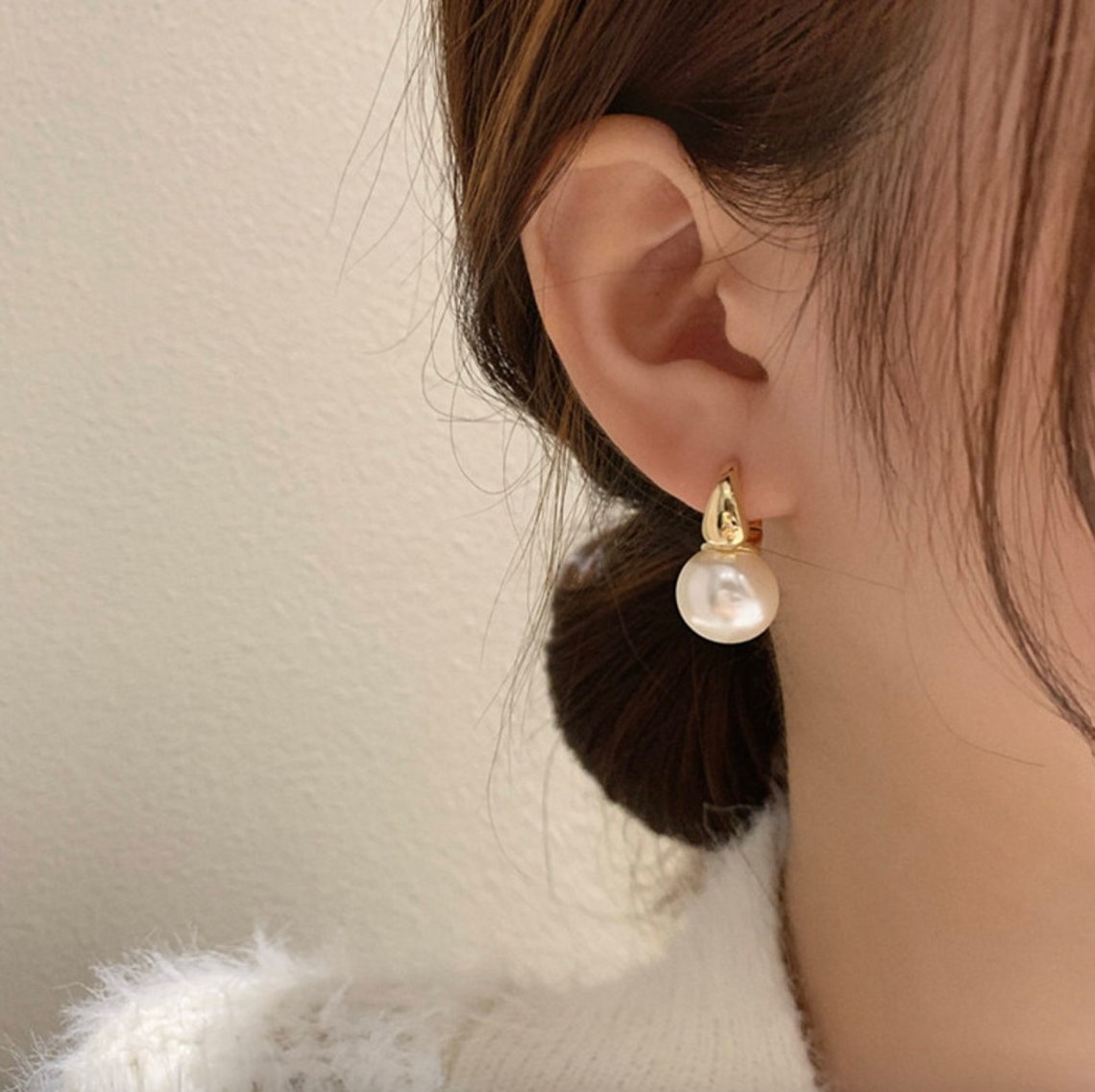 Gold Statement Pearl Earrings Gold Pearl Huggies Large Pearl Etsy