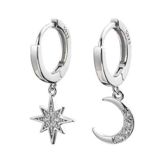 Sterling Silver Huggies Moon & Star Earrings Moon Hoops - Etsy