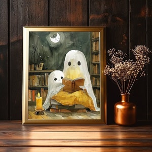 Cute Mum and Baby Ghost Print, Reading Bedtime Stories, Spooky Halloween Decor, Gothic Nursery Wall Art, New Mum Gift Idea