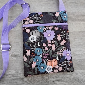 Small Crossbody Zipped Purse, Flowers, Pumpkins, Moons and Cobwebs, Shoulder Phone Bag, Handmade Gothic Accessories, Witchcraft Gifts