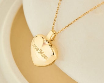 Collar de corazón de urna de cremación, collar personalizado para cenizas, colgante de corazón, collar de oro macizo de 14K, collar conmemorativo, collar de cenizas de mascotas