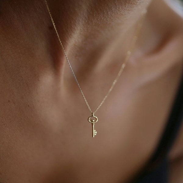 Key Necklace 14K Solid Gold | Dainty Gold Key Pendant | Wedding Jewelry for Bridesmaids | Gold Key Charm Necklace | Handmade Jewelry