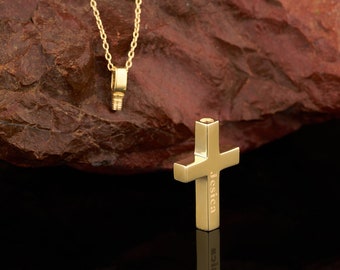 Collar de urna de cremación cruzada grabada / Collar de oro personalizado de 14K para cenizas / Collar de soporte de cenizas / Collar de pérdida de mamá y papá