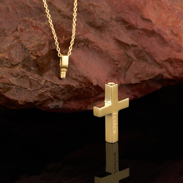 Gravierte Kreuz-Urnen-Halskette | Personalisierte 14K Gold Halskette für Asche | Eschenhalter Halskette | Halskette zum Verlust von Mama und Papa