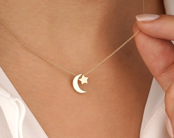 14K Moon Star Necklace Gold Crescent Necklace Dainty Crescent and Star Necklace Solid Gold Necklace Handmade Jewelry Minimalist Necklace