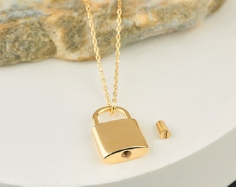 Gold Padlock Urn Necklace for Ashes, Personalized 14K Lock Urn Necklace, Mom & Dad Loss Necklace, Gold Memorial Necklace, Pet Ashes Necklace