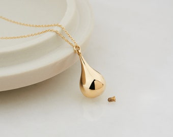 Personalized Ash Holder Tear Drop Pendant, 14K Real Gold Tear Drop Cremation Urn Necklace, Gold Keepsake Pendant, Gold Layering Necklaces