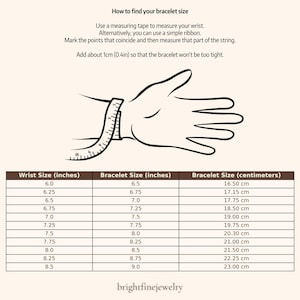 Diagram illustrating how to measure wrist size for bracelets. Includes a hand with a measuring tape, and a chart converting wrist size in inches to bracelet size in inches and centimeters. Text reads: "How to find your bracelet size.
