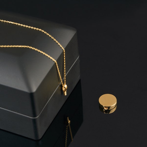 Collier urne ronde porte-cendres personnalisé 14 carats, collier disque de crémation en or massif, collier urne funéraire en or, bijoux commémoratifs souvenir