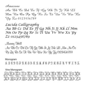 May include: A white background displays various cursive and monogram fonts, including Amazone, Lucida Calligraphy, Murray Hill, Monogram, and Vine Monogram. Each font is shown with the alphabet and numbers.