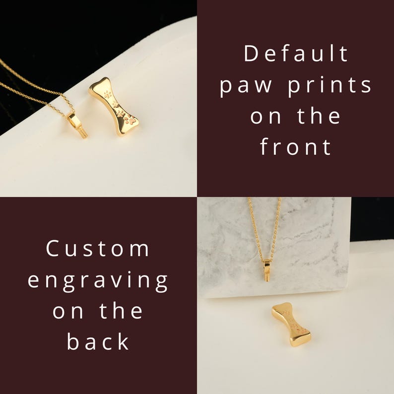 May include: A gold-colored dog bone pendant necklace. The pendant has paw prints on the front and can be custom engraved on the back. The necklace is displayed on a white surface with text that reads "Default paw prints on the front" and "Custom engraving on the back."