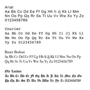 May include: A black and white image showcasing four different font styles: Arial, Courier, Bauer Bodoni, and Old London. Each font displays the alphabet and numbers 0-9. The fonts are presented in a clear, readable format.