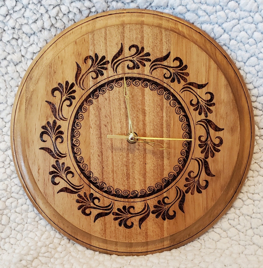 10.5 Inch Circle Wood Burned Clock Etsy