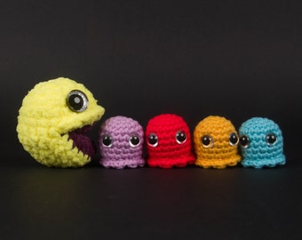 Cute Crochet Retro Gaming Character and Ghosts