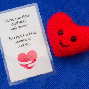 Cute Crochet Love Heart Pocket Hug with Personalised Message and Key Ring options perfect for Mothers Day
