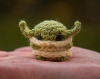 Cute Crochet Baby Yoda with Heart, Key Ring and Personalised Message options.