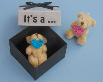 Gender Reveal Gift Box with Cute Mini Bear and Heart. Perfect Social Media Announcement or to Grandparents and Family.