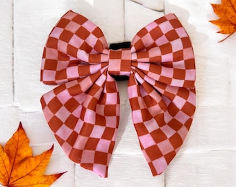 Earthy Checkerboard Dog Sailor Bow: Handmade Polyester Collar Accessory