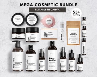 Könnte beinhalten: Eine Sammlung von über 55 Kosmetikprodukt-Mockups in verschiedenen Größen, darunter Bodylotion, Körperbutter, Seifenstücke, Badesalze und ätherische Öle. Die Mockups sind in Canva bearbeitbar und zeichnen sich durch ein minimalistisches Design mit schwarzem und weißem Text auf weißem Hintergrund aus.