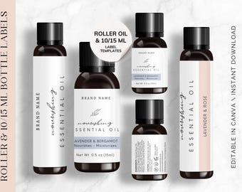 May include: An assortment of essential oil roller bottles with black caps and white labels. The labels feature the words "nourishing essential oil" and "Lavender & Rose". The image also includes the text "Roller & 10/15 ml Bottle Labels".