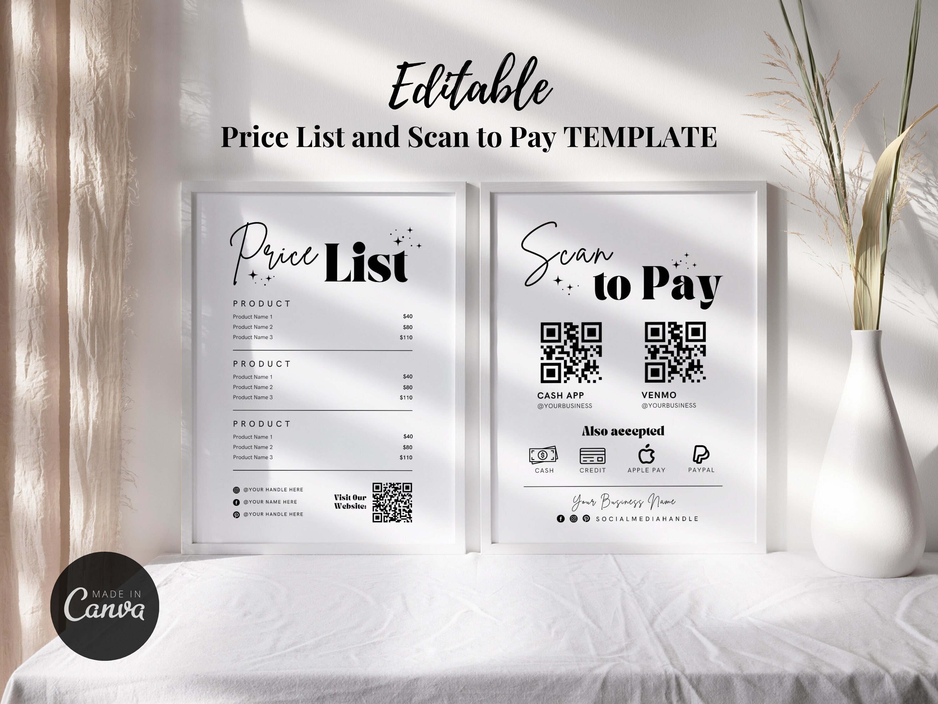 Modèle de numérisation pour payer et de liste de prix Canca, enseigne de code QR, enseigne personnalisable pour petite entreprise, liste de prix, numérisation pour payer, téléchargement immédiat - 06F