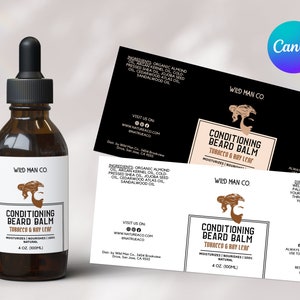 May include: A brown glass bottle with a dropper top and a white label that reads "Wild Man Co. Conditioning Beard Balm Tobacco & Bay Leaf Moisturizes | Nourishes | 100% Natural 4 oz. (100ml)". The label also features a stylised illustration of a man's face with a beard.