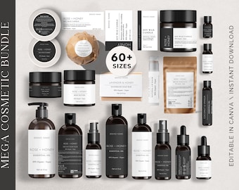 Könnte beinhalten: Ein Satz von 14 Kosmetikproduktetiketten im Schwarz-Weiß-Design. Die Etiketten tragen den Text "Rose + Honig" und "Markenname". Die Etiketten sind für die Verwendung auf verschiedenen Kosmetikprodukten konzipiert, darunter ätherische Öle, Körperbutter, Bade- und Seife sowie Kerzen.