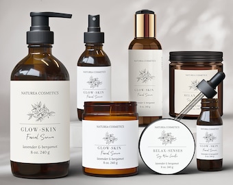 Editable Cosmetic Label Templates, Floral Product Label, Minimal Skin Care Label, Canva Cosmetic Label Tempalte Set, Botanical, CANVA - 16T