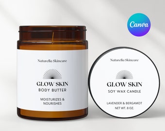 Può includere: Due barattoli di vetro ambrato con etichette bianche. Il barattolo a sinistra è etichettato "Glow Skin Body Butter" e il barattolo a destra è etichettato "Glow Skin Soy Wax Candle". Entrambe le etichette presentano un design a raggiera e il testo "Naturella Skincare".
