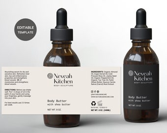 May include: Two amber glass bottles with black dropper tops and labels. The labels are white with black text and a logo that says "Neveah Kitchen Body Sculpture". The text on the labels reads "Body Butter with shea butter" and "Net Wt. 8 oz.".