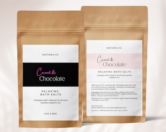 May include: Two brown paper bags with white labels. The labels have black text that says "NATUREA CO." and "Coconut & Chocolate". The labels also say "RELAXING BATH SALTS" and "Infused with vitamin E oil and vanilla organic oil." The bag on the right has a pink background on the label.