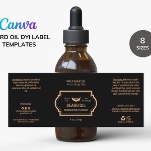 May include: A black and gold label for beard oil with the text "Wild Man Co. Premium Quality Craft" and "Craft Oil All Natural Beard Oil Sandalwood & Tabacco" on a brown glass bottle with a dropper.