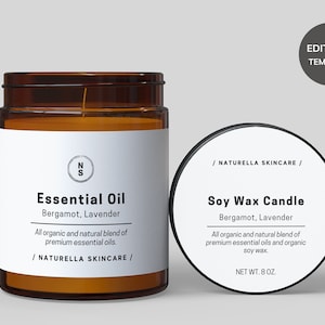 Op de afbeelding: Een bruine glazen pot met een wit etiket waarop "Essential Oil Bergamot, Lavender" en "All organic and natural blend of premium essential oils." staat. Het etiket bevat ook de tekst "/ NATURELLA SKINCARE /". Een wit etiket op een zwarte pot staat "Soy Wax Candle Bergamot, Lavender" en "All organic and natural blend of premium essential oils and organic soy wax." Het etiket bevat ook de tekst "/ NATURELLA SKINCARE /" en "NET WT. 8 OZ."