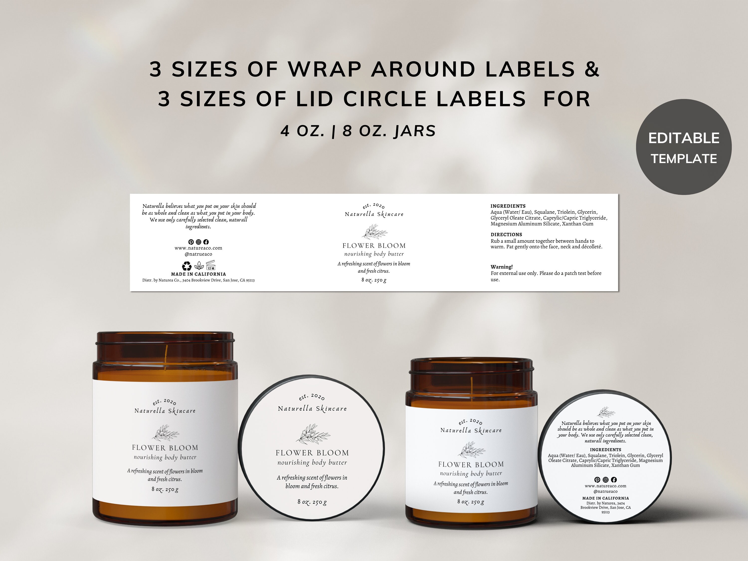 Editable JAR Label TEMPLATE CANVA, Floral Jar Label With Top Lid, Wrap ...