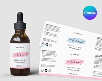 May include: Two labels for essential oils, one for vanilla and coconut and one for cocoa and vanilla. Both labels are white with pink and blue accents. The labels feature the company name "NATUREA CO." and the product name "ESSENTIAL OIL" in a black sans-serif font. The labels also include the product size, 8 oz / 240 ml.