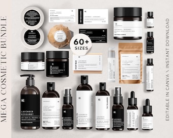 Könnte beinhalten: Ein Set mit über 60 Etiketten für Kosmetikprodukte mit einem schwarz-weißen Design und dem Text "NS Lavender Bergamot". Die Etiketten sind für verschiedene Produkte wie Duschgel, Seife, ätherisches Öl, Lippenbalsam und Sojawachskerze.