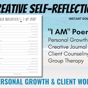 May include: A printable "I AM" poem worksheet for self-reflection, personal growth, and creative journaling. The worksheet features a list of verbs and prompts for writing about oneself.