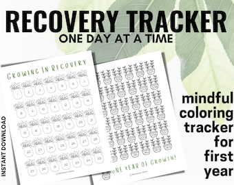 Peut inclure: Deux trackers de récupération imprimables avec le texte « Recovery Tracker One Day at a Time ». Un tracker est intitulé « Growing in Recovery » et l'autre « One Year of Growth ! ». Les deux présentent des illustrations de plantes pour la coloration consciente.