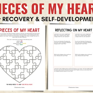May include: Printable worksheet featuring a heart-shaped puzzle and the text "Pieces of My Heart" for recovery and self-development. The worksheet includes prompts for reflection on personal interests, passions, relationships, and experiences.