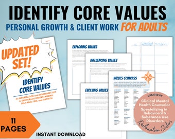 May include: An 11-page printable worksheet set titled "Identify Core Values" for personal growth and client work for adults. The set includes worksheets for exploring, influencing, and evolving values, as well as a values compass. The set is created by Clinical Mental Health Counselor specializing in Behavioral & Substance Use Disorders, Reclamation Sisters.