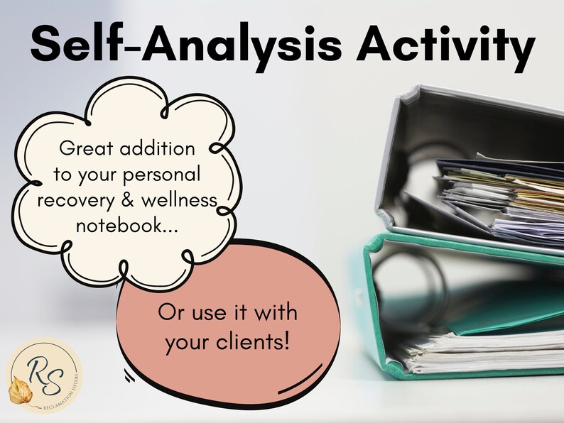 May include: A white cloud with black text that reads "Great addition to your personal recovery & wellness notebook... Or use it with your clients!"  A pink speech bubble with black text that reads "Or use it with your clients!"  A green and silver binder with papers inside.  The image has a white background.