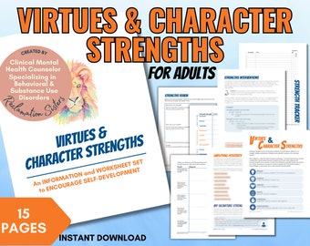 Virtues and Character Strengths, Signature Strengths, Values, Personal Growth, Therapy Worksheet, Counseling Tool, Group Therapy