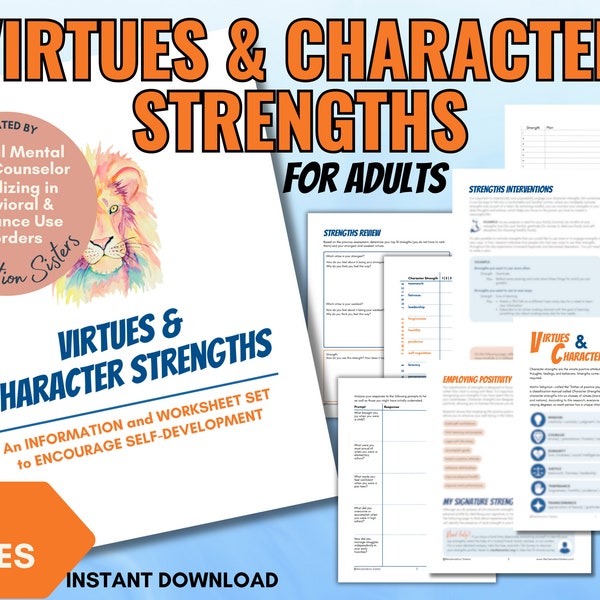Virtues and Character Strengths, Signature Strengths, Values, Personal Growth, Therapy Worksheet, Counseling Tool, Group Therapy