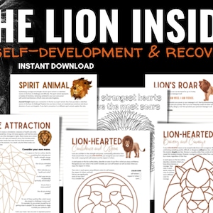 Puede incluir: Un conjunto de hojas de trabajo imprimibles con ilustraciones de leones y texto sobre desarrollo personal y recuperación. Las hojas de trabajo incluyen títulos como "Animal espiritual", "Rugido del león", "Atracción de la melena" y "Corazón de león".