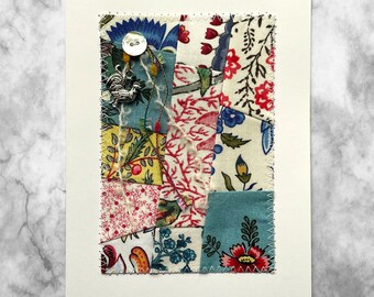 Handmade Floral Card, Colonial Williamsburg Fabric Card, Card for Her, Card for Mom, Fiber Art Greeting Card, Handmade Birthday Card