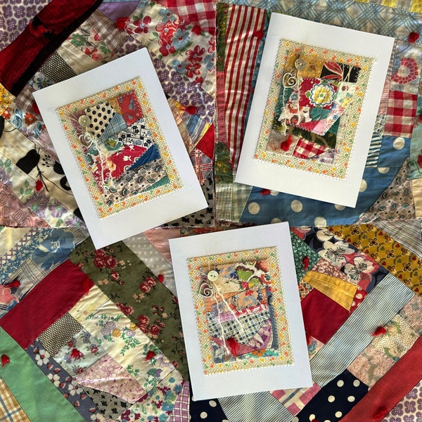 SPECIAL COLLECTION, Three Vintage Quilt Cards, Handmade Gift, Card for Friend, Card for Quilter, Birthday Card, Card for Her, Handmade Card