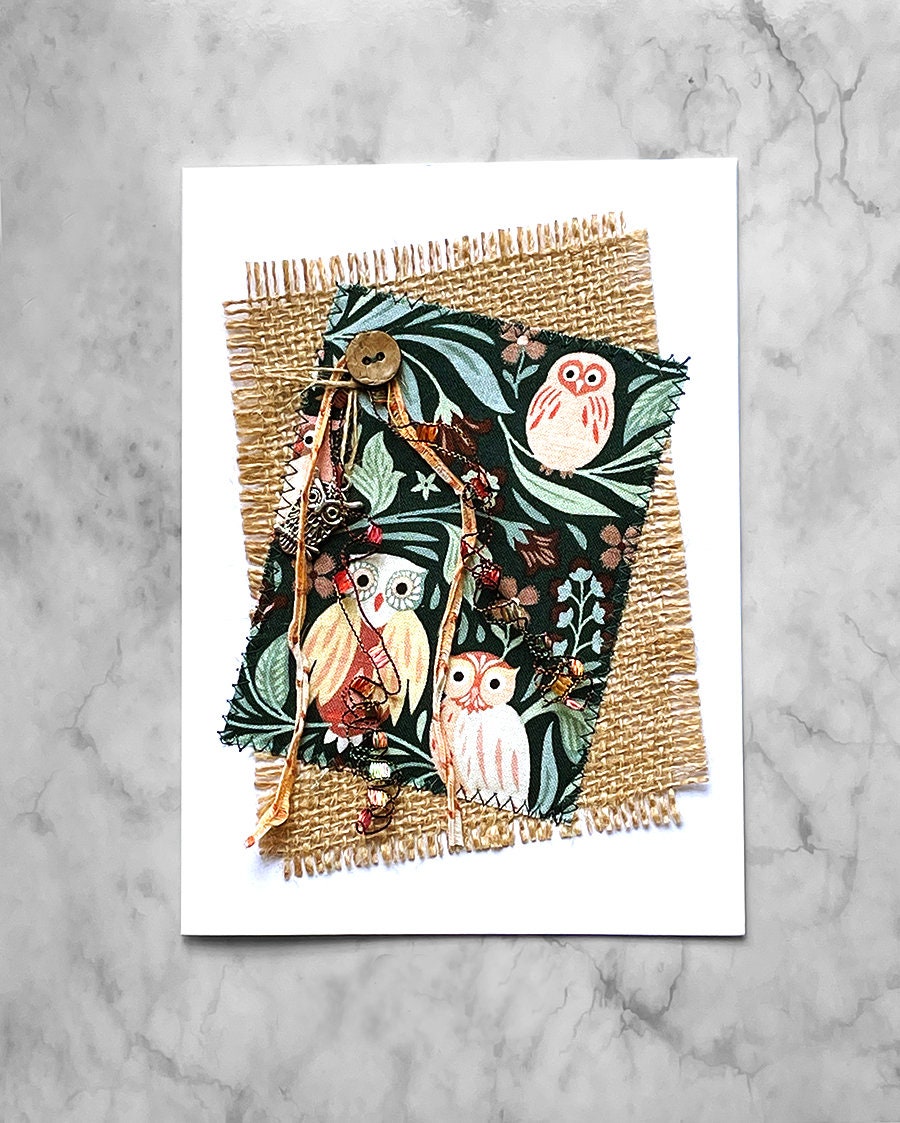 Handmade Owl Fiber Art Card: Burlap & Silver Charm Greeting Card