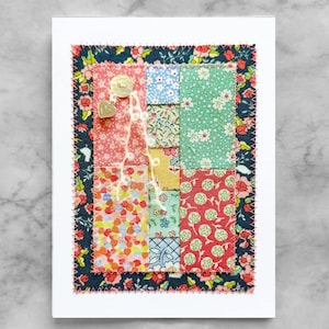 Handmade Patchwork Fiber Art Card: Flour Sack Fabrics, Silver Heart